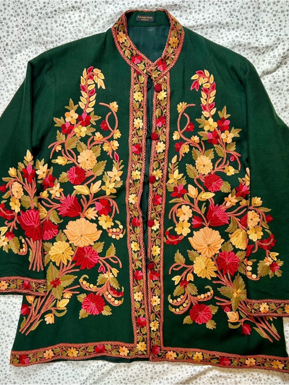 Kashmir Moon Hand Embroidered Floral Green Wool Jacket